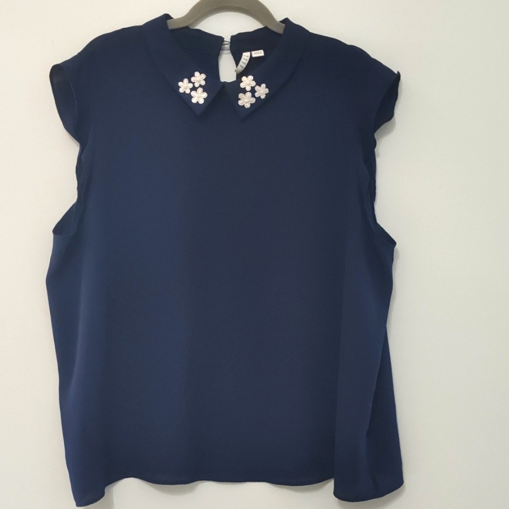 Elle Blouse XXL Cap Sleeve Casual Spring Sheer Embellished Collar Navy Blue